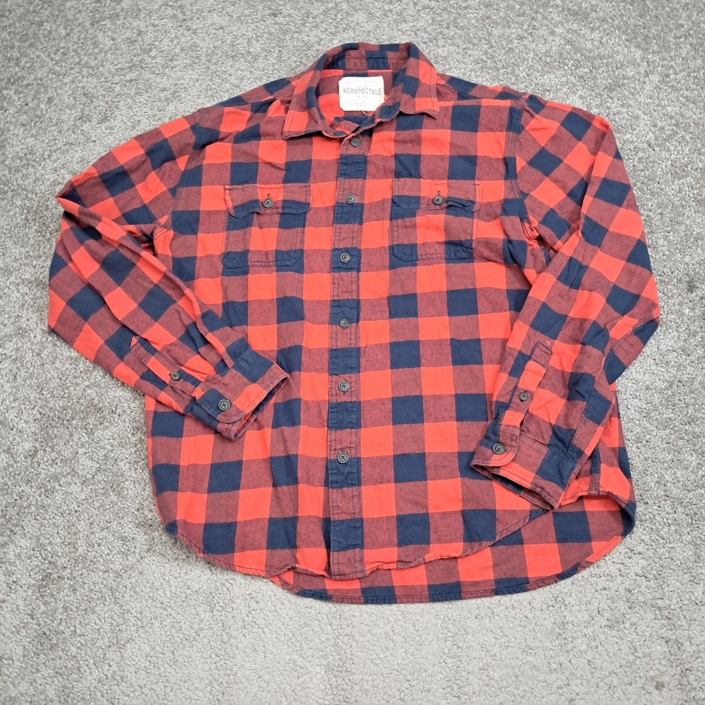 Aeropostale Mens Red Navy Blue Buffalo Plaid Flannel Button Down Shirt Large
